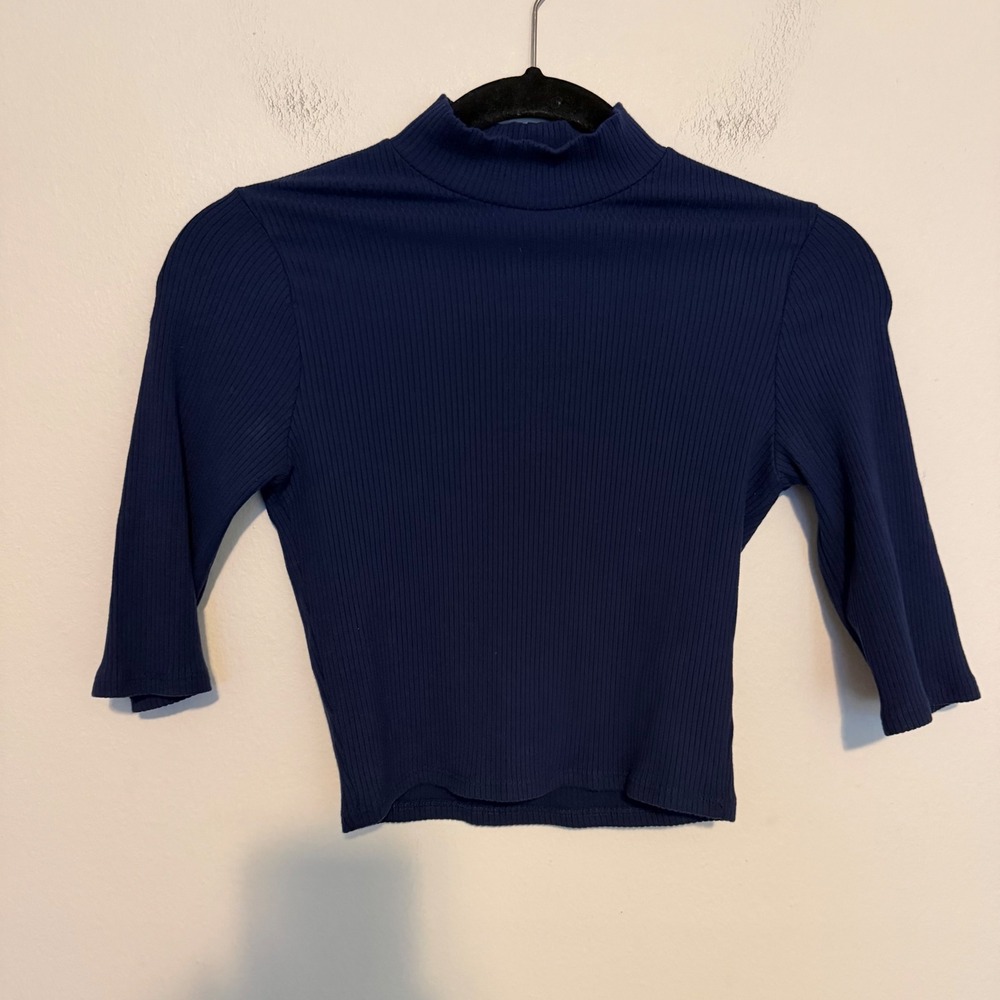 Reformation Navy Ribbed Mock Neck Cropped Top Elbow Sleeve S preppy minimalist